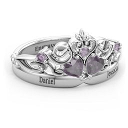 Engravable Double Heart Gemstone Tiara Ring with Accents