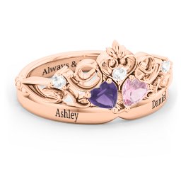 Engravable Double Heart Gemstone Tiara Ring with Accents in 10K Solid Rose Gold with Amethyst, Pink Tourmaline, and Cubic Zirconia