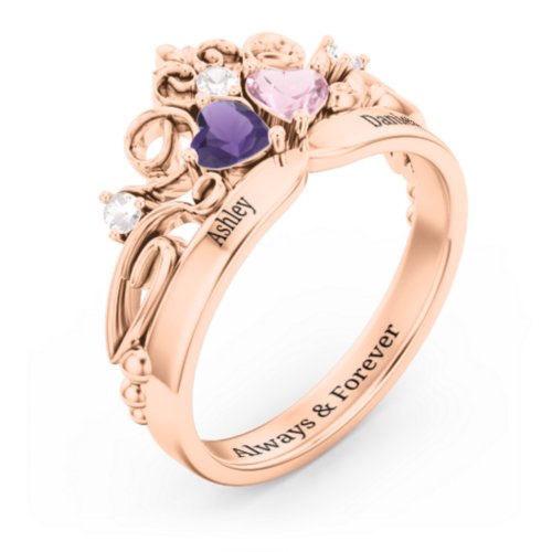 Engravable Double Heart Gemstone Tiara Ring with Accents – 10K Rose Gold with Amethyst, Pink Tourmaline, and Cubic Zirconia