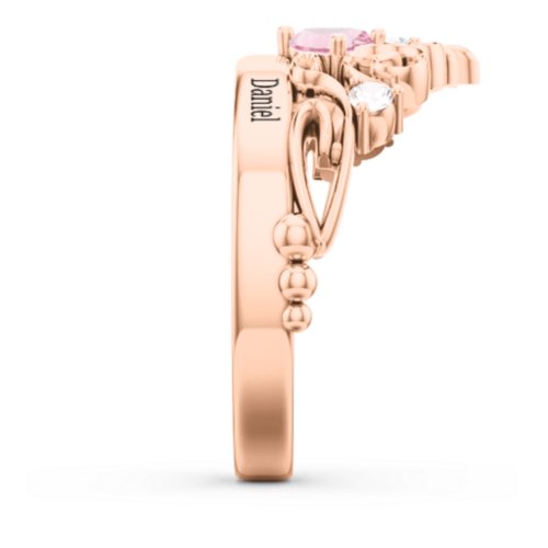 Engravable Double Heart Gemstone Tiara Ring with Accents – 10K Rose Gold with Amethyst, Pink Tourmaline, and Cubic Zirconia