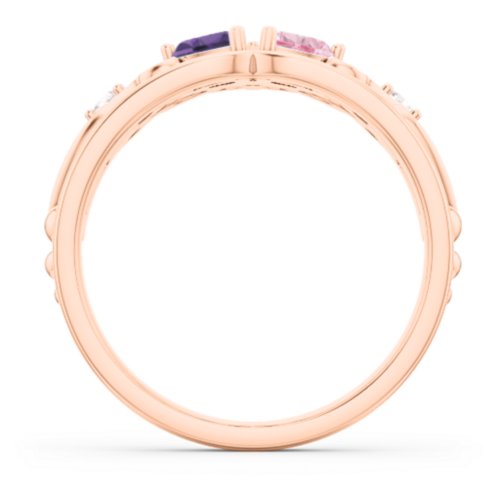 Engravable Double Heart Gemstone Tiara Ring with Accents – 10K Rose Gold with Amethyst, Pink Tourmaline, and Cubic Zirconia