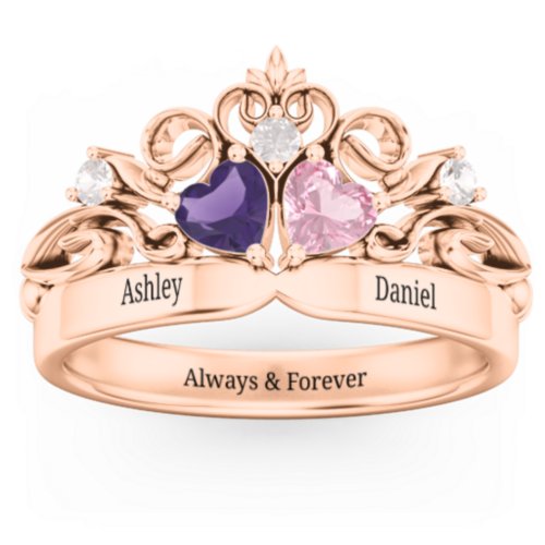 Engravable Double Heart Gemstone Tiara Ring with Accents – 10K Rose Gold with Amethyst, Pink Tourmaline, and Cubic Zirconia