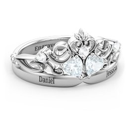 Engravable Double Heart Gemstone Tiara Ring with Accents in 925 Sterling Silver with Aquamarine