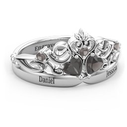 Engravable Double Heart Gemstone Tiara Ring with Accents in 925 Sterling Silver with Smokey Quartz