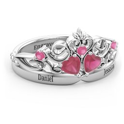Engravable Double Heart Gemstone Tiara Ring with Accents in 925 Sterling Silver with Ruby