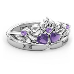 Engravable Double Heart Gemstone Tiara Ring with Accents in 925 Sterling Silver with Amethyst
