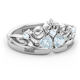 Engravable Double Heart Gemstone Tiara Ring with Accents in 925 Sterling Silver with Aquamarine