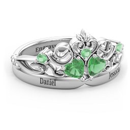 Engravable Double Heart Gemstone Tiara Ring with Accents in 925 Sterling Silver with Emerald