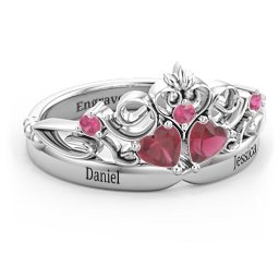Engravable Double Heart Gemstone Tiara Ring with Accents in 925 Sterling Silver with Ruby