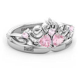 Engravable Double Heart Gemstone Tiara Ring with Accents in 925 Sterling Silver with Pink Tourmaline