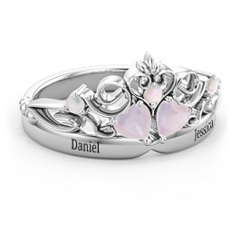 Engravable Double Heart Gemstone Tiara Ring with Accents in 925 Sterling Silver with Opal