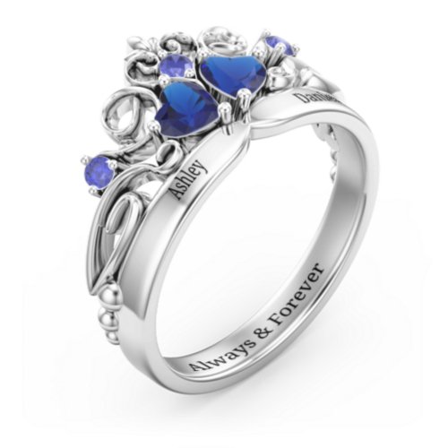 Engravable Double Heart Gemstone Tiara Ring with Accents – Sterling Silver with Blue Sapphire