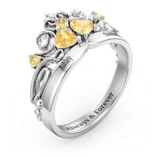 Engravable Double Heart Gemstone Tiara Ring with Accents – Sterling Silver with Citrine