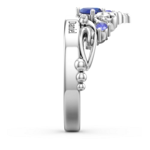 Engravable Double Heart Gemstone Tiara Ring with Accents – Sterling Silver with Blue Sapphire