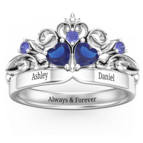 Engravable Double Heart Gemstone Tiara Ring with Accents – Sterling Silver with Blue Sapphire