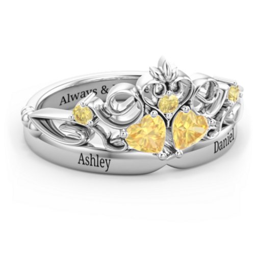 Engravable Double Heart Gemstone Tiara Ring with Accents – Sterling Silver with Citrine