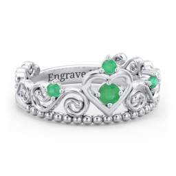 Multi Gemstone Tiara Ring with Scroll and Bead Detailing in 925 Sterling Silver with Emerald
