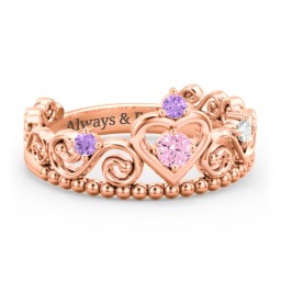 Multi Gemstone Tiara Ring with Scroll and Bead Detailing in 10K Solid Rose Gold with Pink Tourmaline, Amethyst, and Cubic Zirconia
