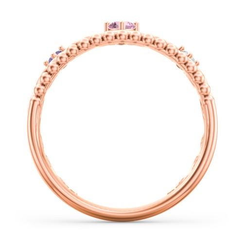 Multi Gemstone Tiara Ring with Scroll and Bead Detailing – 10K Rose Gold with Pink Tourmaline, Amethyst, and Cubic Zirconia
