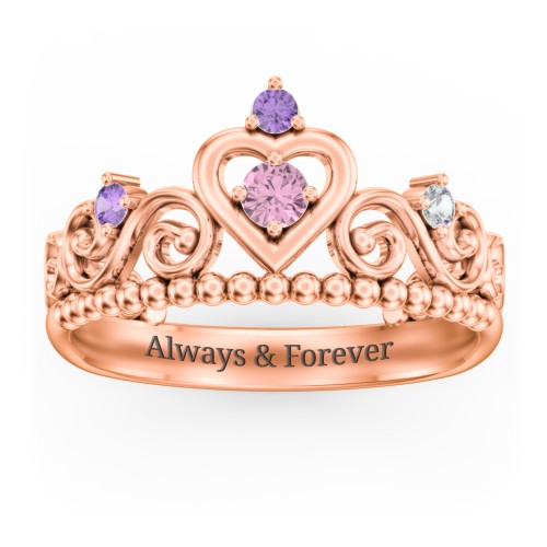 Multi Gemstone Tiara Ring with Scroll and Bead Detailing – 10K Rose Gold with Pink Tourmaline, Amethyst, and Cubic Zirconia