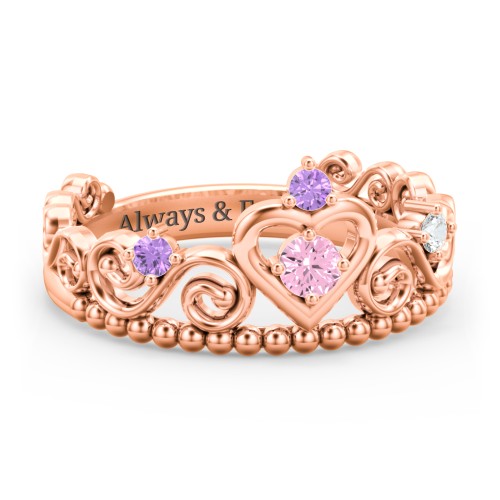Multi Gemstone Tiara Ring with Scroll and Bead Detailing – 10K Rose Gold with Pink Tourmaline, Amethyst, and Cubic Zirconia