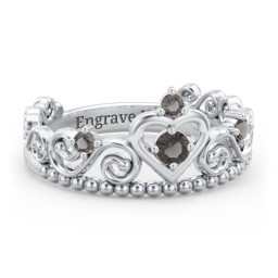 Multi Gemstone Tiara Ring with Scroll and Bead Detailing in 925 Sterling Silver with Smokey Quartz