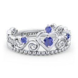 Multi Gemstone Tiara Ring with Scroll and Bead Detailing in 925 Sterling Silver with Blue Sapphire