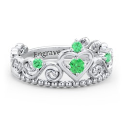 Multi Gemstone Tiara Ring with Scroll and Bead Detailing in 925 Sterling Silver with Emerald