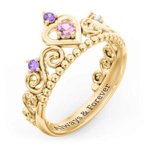 Multi Gemstone Tiara Ring with Scroll and Bead Detailing – 10K Yellow Gold with Pink Tourmaline, Amethyst, and Cubic Zirconia