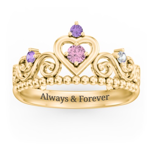 Multi Gemstone Tiara Ring with Scroll and Bead Detailing – 10K Yellow Gold with Pink Tourmaline, Amethyst, and Cubic Zirconia
