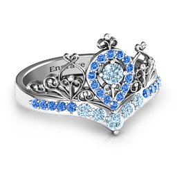 Queen Of My Heart Tiara Ring in 925 Sterling Silver with Aquamarine and Fancy Blue Premium Zirconia