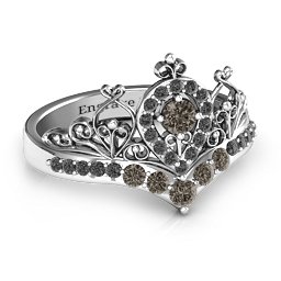 Queen Of My Heart Tiara Ring in 925 Sterling Silver with Smokey Quartz and Black Premium Zirconia