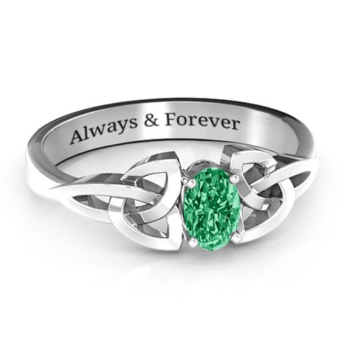 Trinity Knot Oval Gemstone Ring – Sterling Silver with Emerald