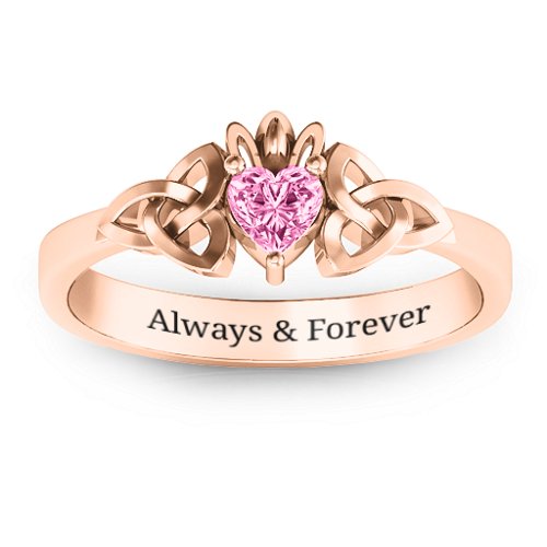 Trinity Knot Heart Crown Ring – 10K Rose Gold with Pink Tourmaline