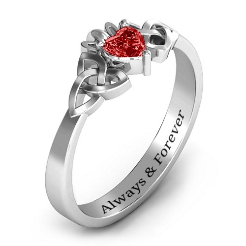 Trinity Knot Heart Crown Ring – Sterling Silver with Garnet