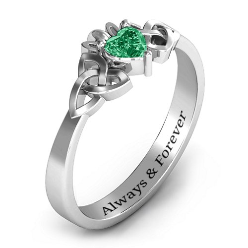Trinity Knot Heart Crown Ring – Sterling Silver with Emerald