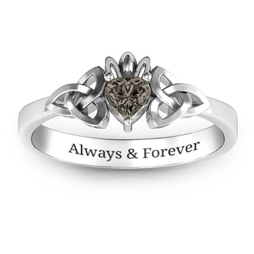Trinity Knot Heart Crown Ring – Sterling Silver with Smokey Quartz