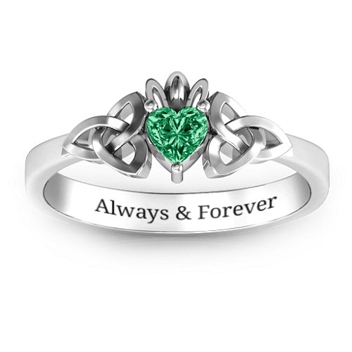 Trinity Knot Heart Crown Ring – Sterling Silver with Emerald