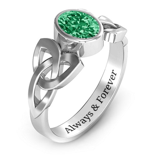 Trinity Knot Ring With Bezel-Set Oval Stone – Sterling Silver with Emerald