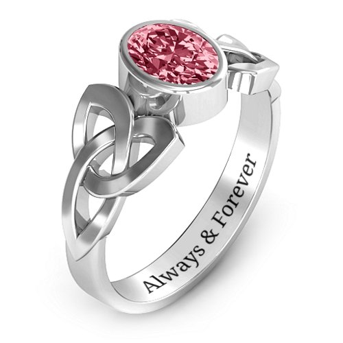 Trinity Knot Ring With Bezel-Set Oval Stone – Sterling Silver with Red Premium Zirconia