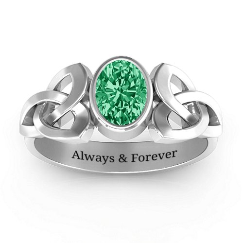 Trinity Knot Ring With Bezel-Set Oval Stone – Sterling Silver with Emerald