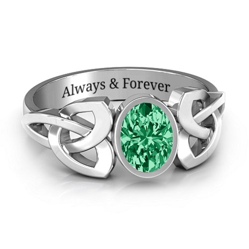 Trinity Knot Ring With Bezel-Set Oval Stone – Sterling Silver with Emerald
