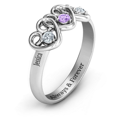 Three's Company Triple Heart Gemstone Ring – Sterling Silver with Cubic Zirconia and Amethyst