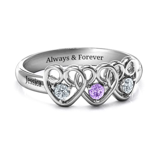Three's Company Triple Heart Gemstone Ring – Sterling Silver with Cubic Zirconia and Amethyst