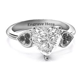 9mm Heart Brilliance Cubic Zirconia Ring with Heart-Set Accents in 925 Sterling Silver with White Premium Zirconia and Black Premium Zirconia