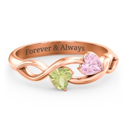 Heavenly Hearts Ring with Heart Birthstones in 10K Solid Rose Gold with Pink Tourmaline and Peridot