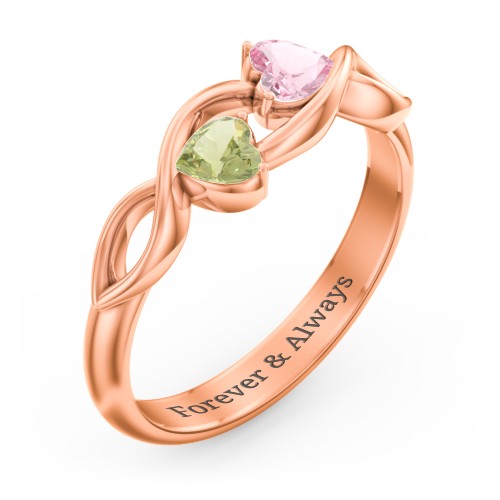 Heavenly Hearts Ring with Heart Birthstones – 10K Rose Gold with Pink Tourmaline and Peridot