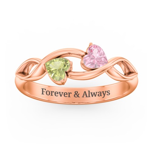 Heavenly Hearts Ring with Heart Birthstones – 10K Rose Gold with Pink Tourmaline and Peridot