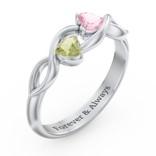Heavenly Hearts Ring with Heart Birthstones – Sterling Silver with Pink Tourmaline and Peridot