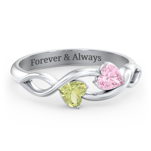 Heavenly Hearts Ring with Heart Birthstones – Sterling Silver with Pink Tourmaline and Peridot